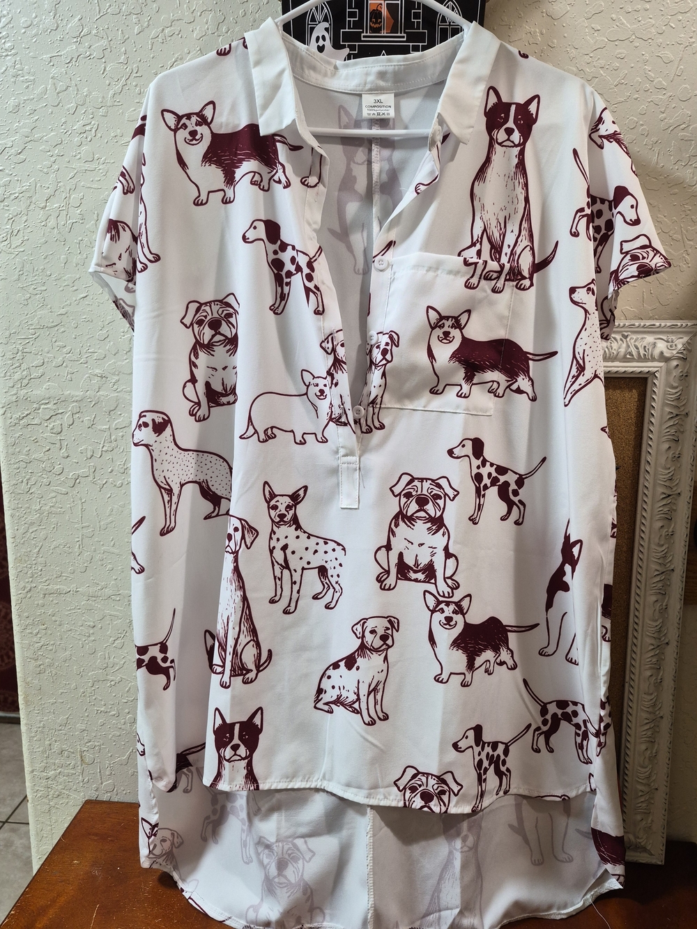 Dog Print White and Burgundy Women's Blouse - Brand: